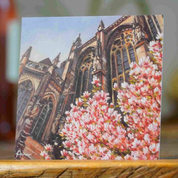 Kleines Souvenir von Aachener Dom mit den blühenden Magnolien. Geschenkkarte von Aachener Künstlerin Ayleen Mertens
