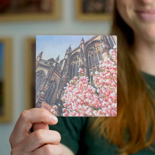 Geschenk, Souvenir vom Aachener Dom mit den blühenden Magnolien. Geschenkkarte von Aachener Künstlerin Ayleen Mertens