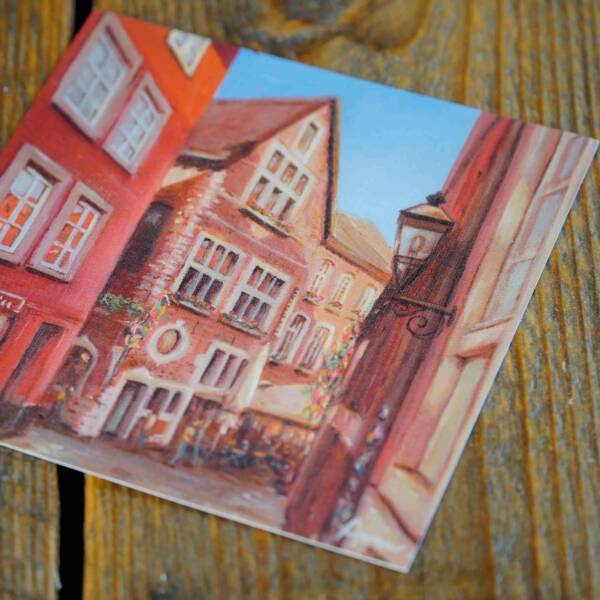Gemäldekarte, Minigemälde, Geschenkkarte, Souvenir aus Aachen von der Rommelsgasse beim Domkeller und Plums Kaffee in Aachen von Künstlerin Ayleen Mertens