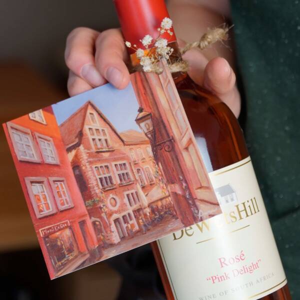 Gemäldekarte, Minigemälde, Geschenkkarte, Souvenir aus Aachen von der Rommelsgasse beim Domkeller und Plums Kaffee in Aachen von Künstlerin Ayleen Mertens