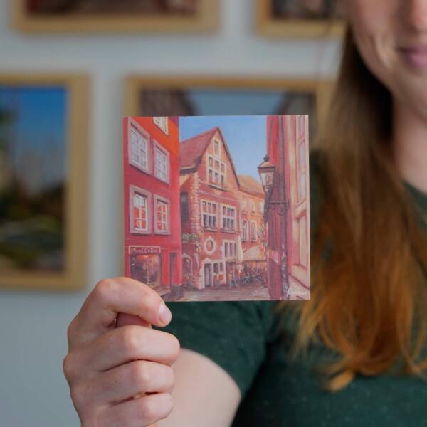 Gemäldekarte, Minigemälde, Geschenkkarte, Souvenir aus Aachen von der Rommelsgasse beim Domkeller und Plums Kaffee in Aachen von Künstlerin Ayleen Mertens