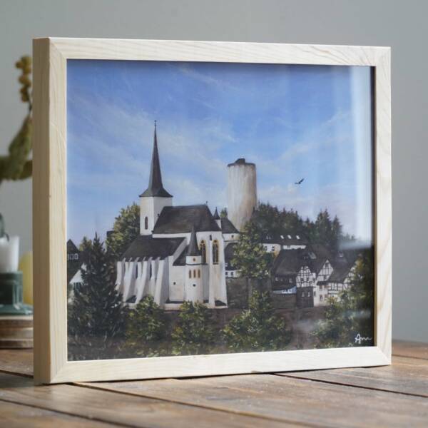 Eifelmalerei: Kunstdruck von der Burg Reifferscheid in der Eifel am Eifelsteig mit Eifelblick. Von Künstlerin Ayleen Mertens