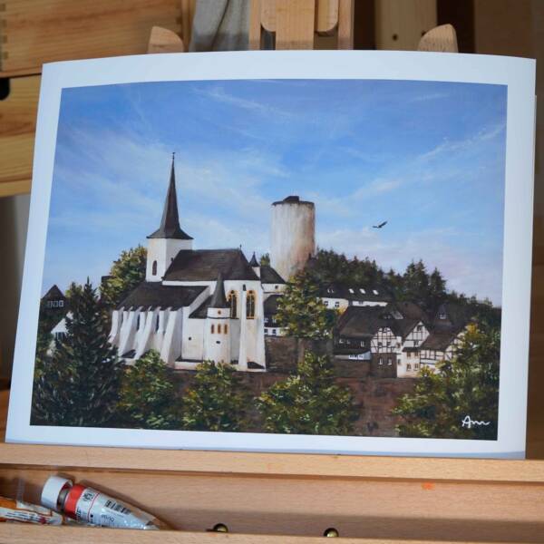 Eifelmalerei: Kunstdruck von der Burg Reifferscheid in der Eifel am Eifelsteig mit Eifelblick. Von Künstlerin Ayleen Mertens
