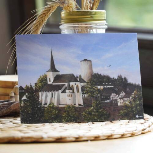 Karte von der Burg Reifferscheid in der Eifel. Perfekt als Geschenk oder Souvenir aus der Eifel von Künstlerin Ayleen Mertens