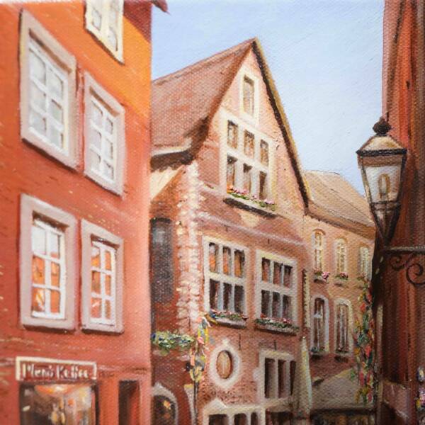 Detailansicht Originalgemälde Aachener Altstadt Rommelsgasse Ecke Körbergasse nahe Domkeller – feine Pinselstriche, warme Farbtöne, Kopfsteinpflaster und historische Häuserfront.