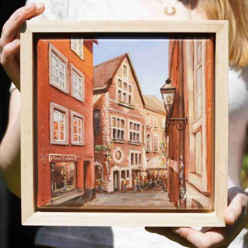 Kunst: Originales Gemälde der Aachener Innenstadt an der Rommelsgasse Ecke Körbergasse nahe Domkeller und Rathaus – Altstadtmotiv in warmen Farbtönen, mit Kopfsteinpflaster und historischen Fassaden, handgemalt in Ölfarbe auf Leinwand.