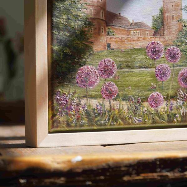 Detailansicht von Ölgemälde der Burg Frankenberg in Aachen in 20x20cm auf Leinwand.