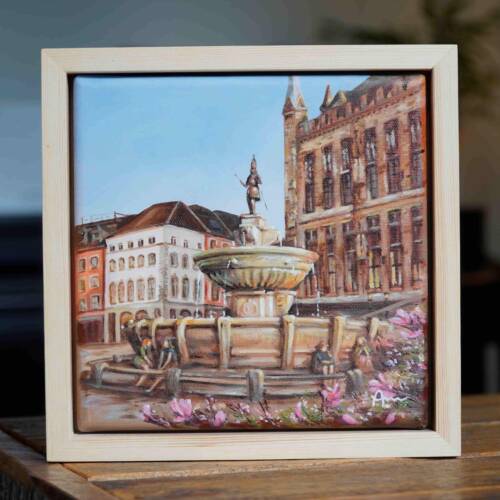 Ölgemälde vom Karlsbrunnen am Markt und Rathaus in Aachen