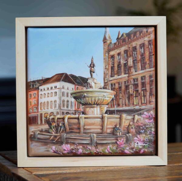 Ölgemälde vom Karlsbrunnen am Markt und Rathaus in Aachen