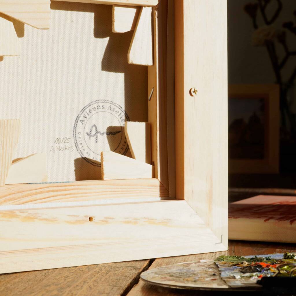 Rückseite von originalem Ölgemälde aus dem Aachener Stadtgarten mit Blick auf eine Brücke umgeben von herbstlichen Bäumen und einem Bach