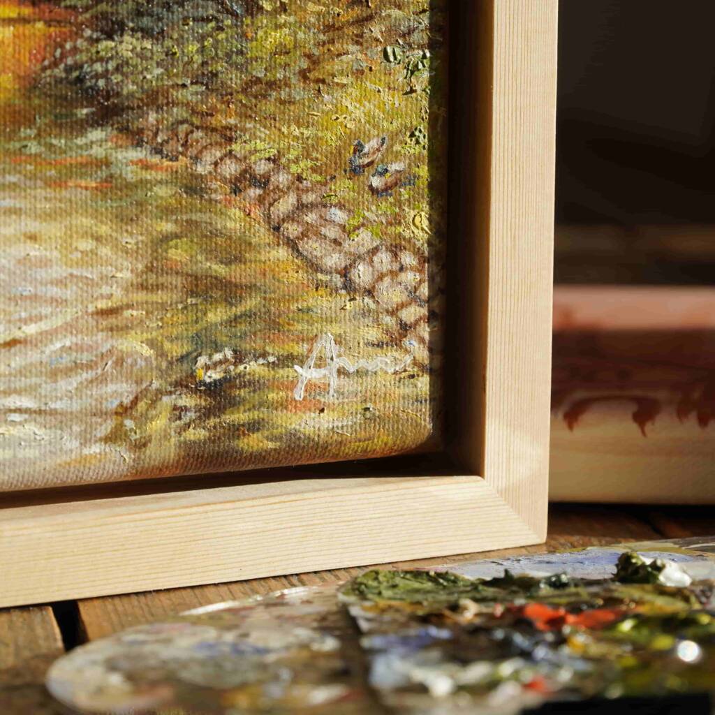 Detailbild von originalem Ölgemälde aus dem Aachener Stadtgarten mit Blick auf eine Brücke umgeben von herbstlichen Bäumen und einem Bach