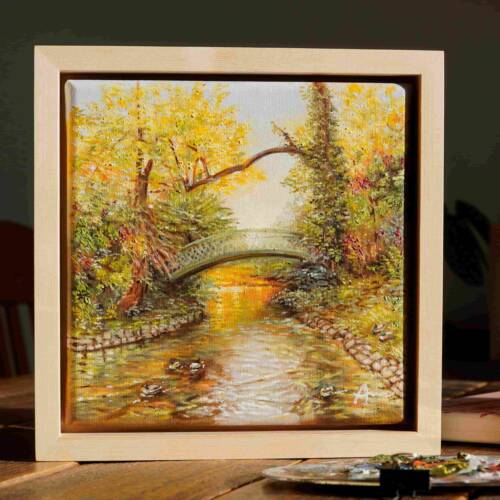 Originales Ölgemälde aus dem Aachener Stadtgarten mit blick auf eine Brücke umgeben von herbstlichen Bäumen und einem Bach