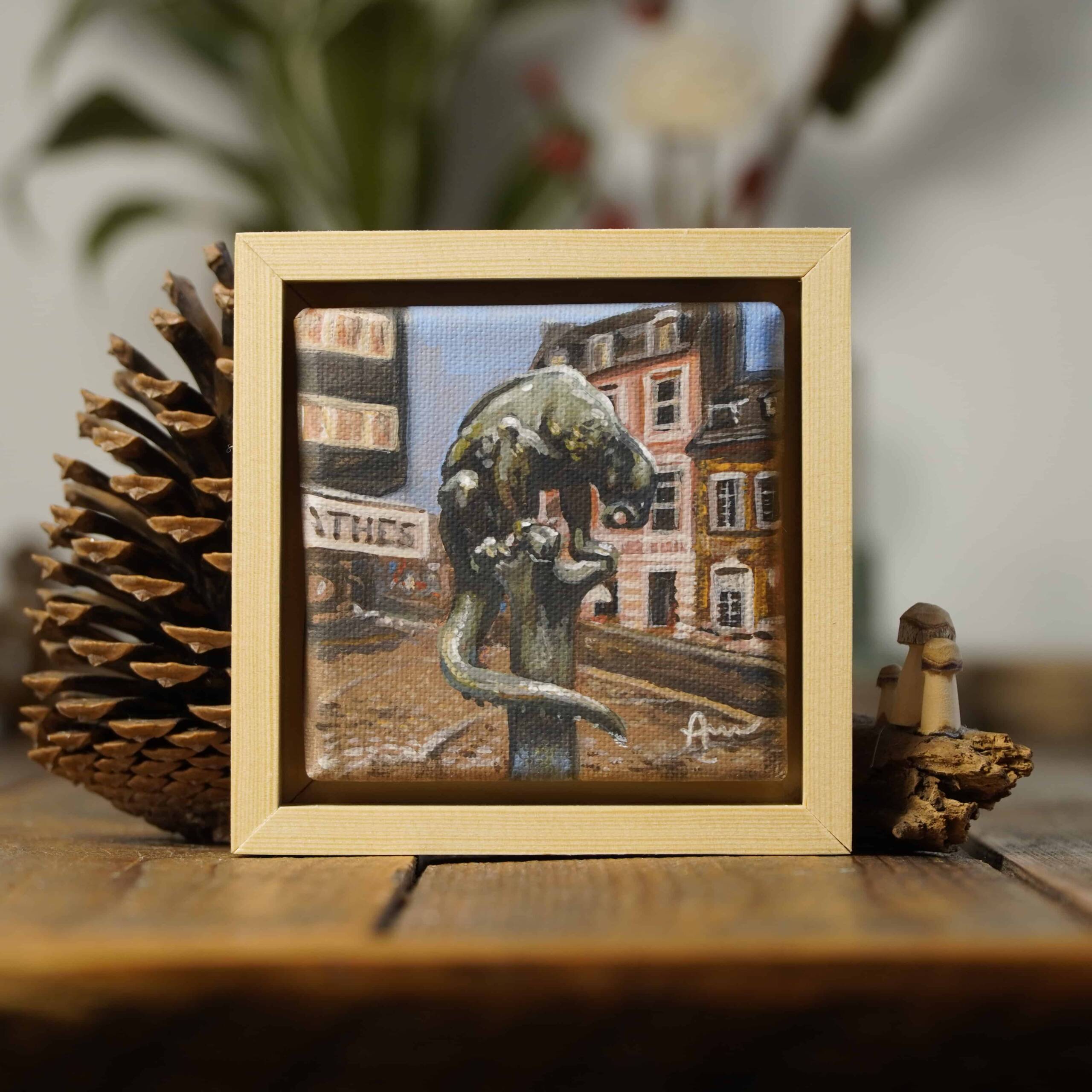 Bahkauvbrunnen Aachen – Gouache Gemälde auf Leinen, Fabeltier Bahkauv mit Häusern der Aachener Innenstadt im Hintergrund