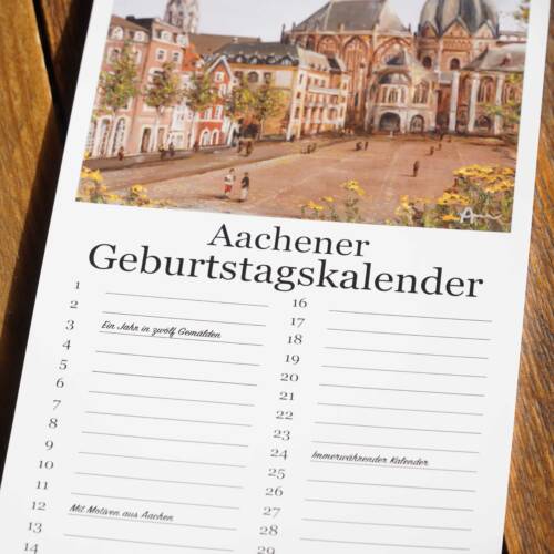 Vorderseite des Aachener Kunstkalenders von Ayleens Atelier mit Motiven aus Aachen